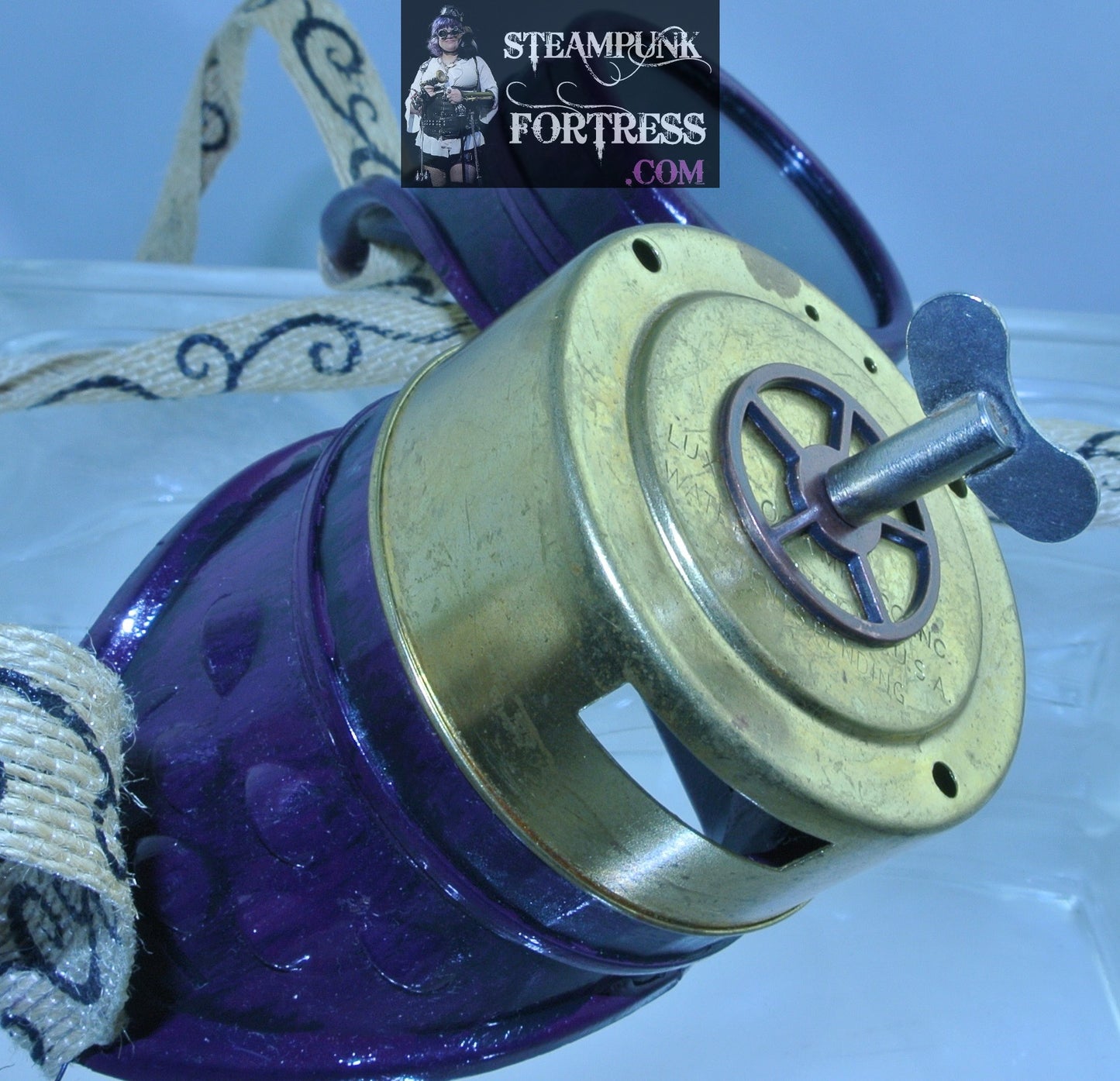 PURPLE GOGGLES RIGHT EYE BRASS CUP COPPER AUTHENTIC GENUINE WATCH CLOCK GEAR KINETIC TURN KEY JUTE SWIRL RIBBON STARR WILDE STEAMPUNK FORTRESS