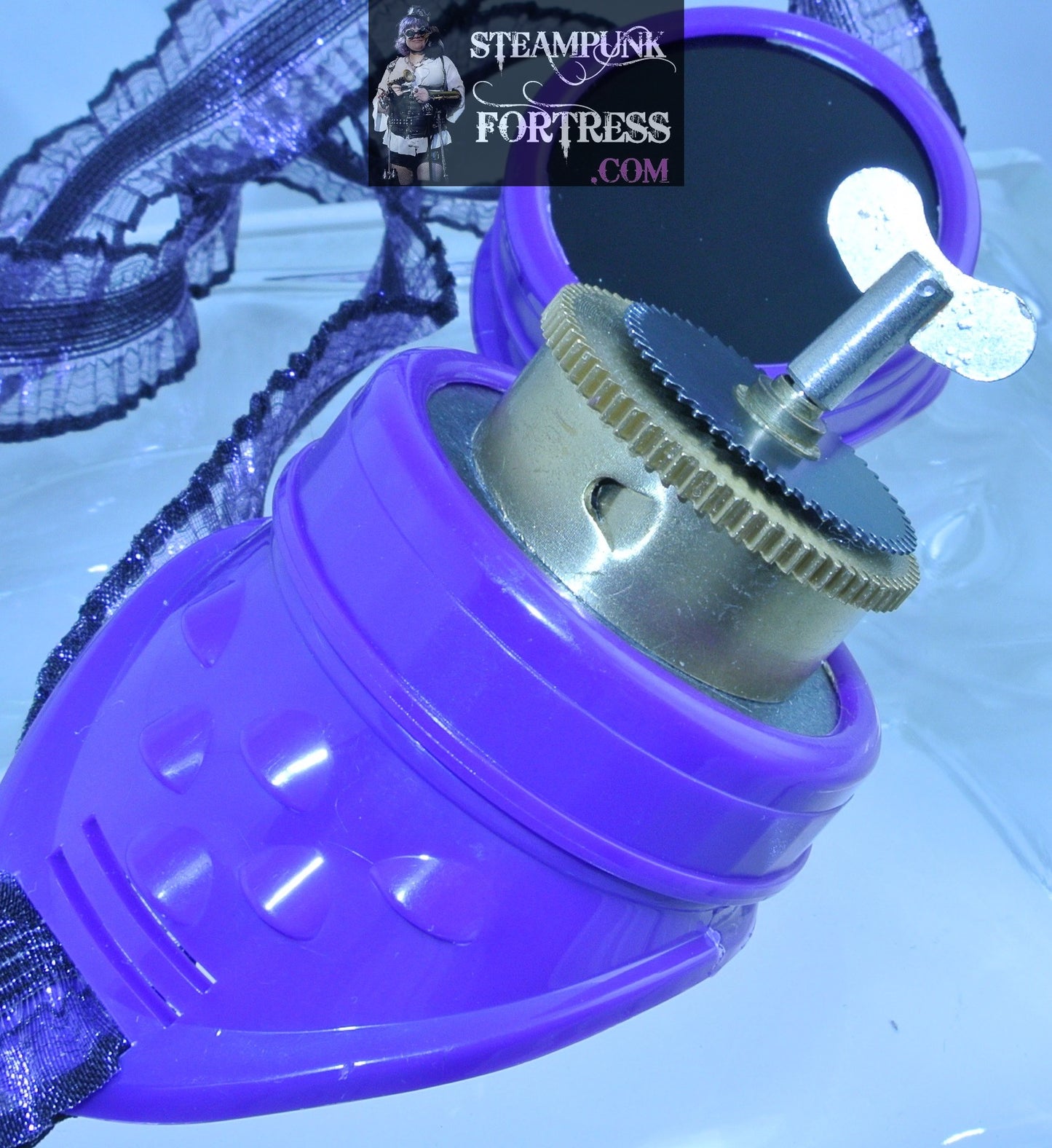 PURPLE GOGGLES BRASS AUTHENTIC GENUINE CLOCK WATCH BARREL RIGHT EYE KINETIC TURN KEY PURPLE STRETCH RIBBONS STARR WILDE STEAMPUNK FORTRESS