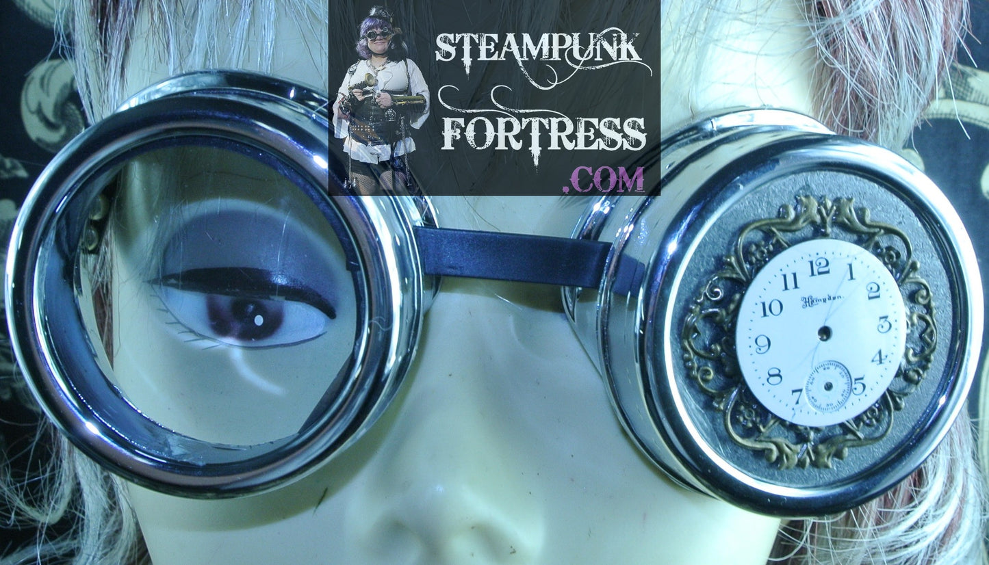 SILVER GOGGLES LEFT EYE BRASS FILIGREE PORCELAIN AUTHENTIC GENUINE WATCH CLOCK DIAL FACE BLACK STUD RIBBONS STARR WILDE STEAMPUNK FORTRESS