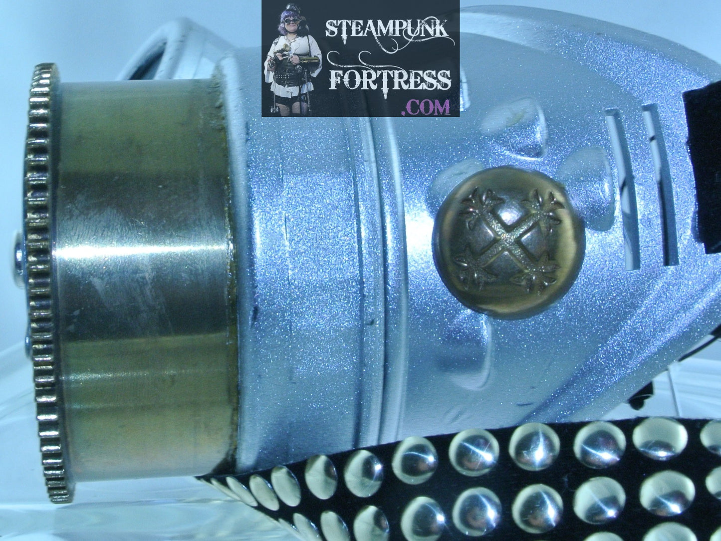 SILVER MATTE GOGGLES LEFT EYE BRASS AUTHENTIC GENUINE BARREL GREY GRAY WATCH CLOCK FACE DIAL 5 ARM KINETIC SPINS SPINNING PROPELLER BRASS SIDES BLACK STUDDED RIBBONS STARR WILDE STEAMPUNK FORTRESS