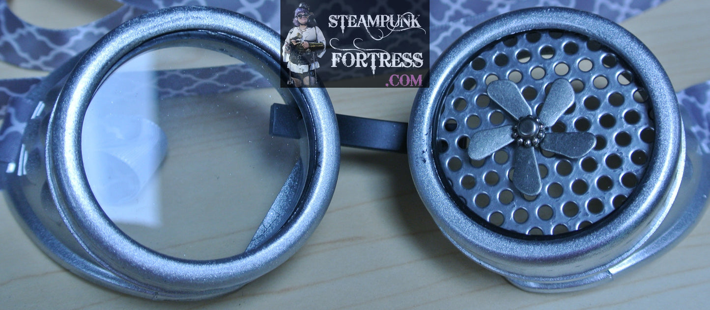 SILVER MATTE GOGGLES LEFT EYE MESH 5 ARM SILVER KINETIC SPIN SPINNING PROPELLER GRAY GREY WHITE RIBBONS STARR WILDE STEAMPUNK FORTRESS