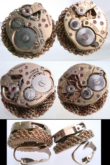 CLIPS GOLD MOVEMENT COMPLETE AUTHENTIC GENUINE WATCH CLOCK MESH CLIP ON EARRINGS STARR WILDE STEAMPUNK FORTRESS