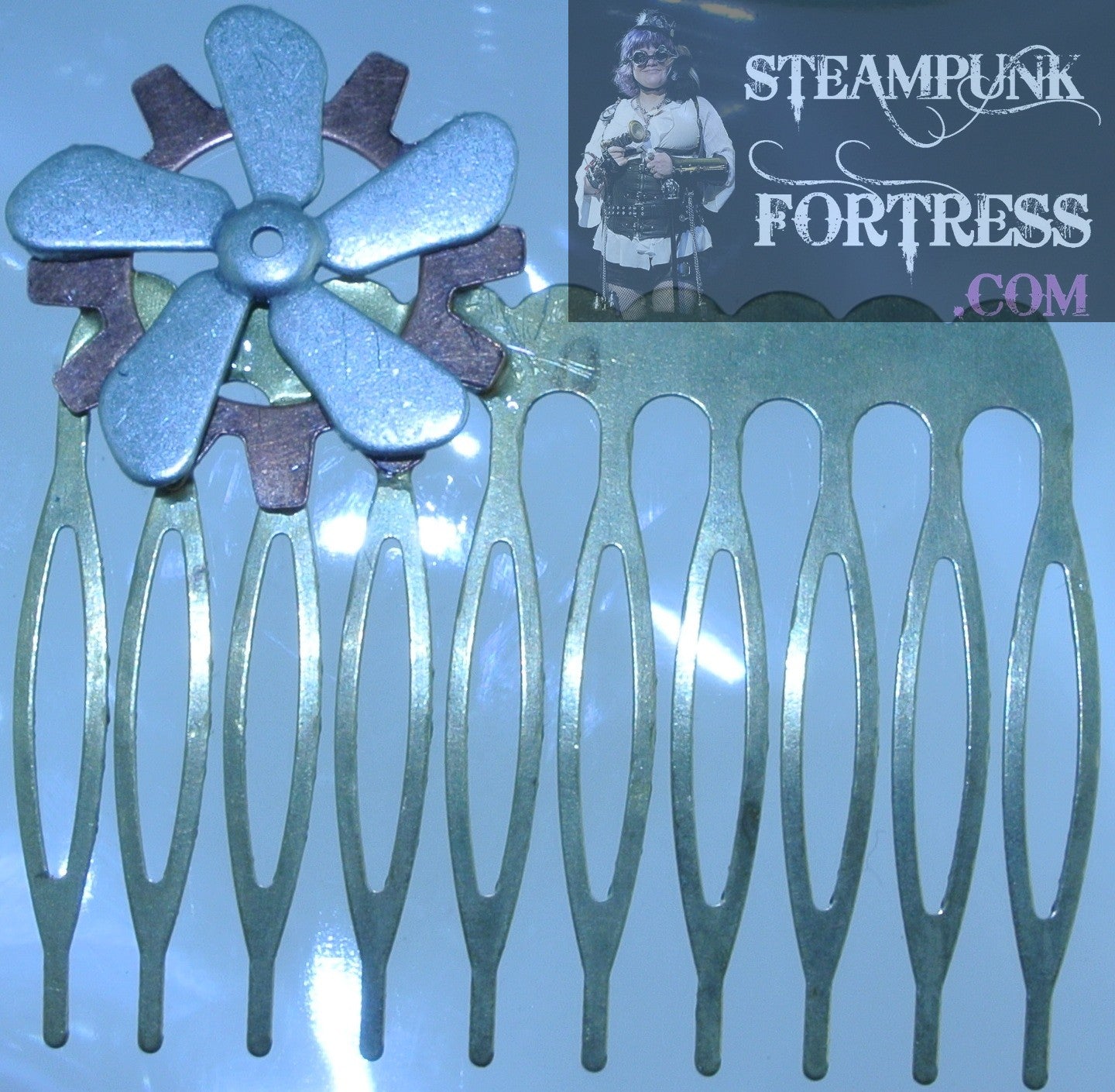 HAIR COMB BRASS PROPELLER SILVER 5 ARM COPPER OPEN GEAR WATCH CLOCK STARR WILDE STEAMPUNK FORTRESS