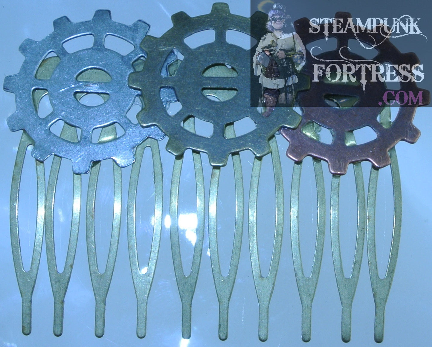 HAIR COMB BRASS GEARS 3 SPOKE COPPER BRASS SILVER CLOCK WATCH STARR WILDE STEAMPUNK FORTRESS