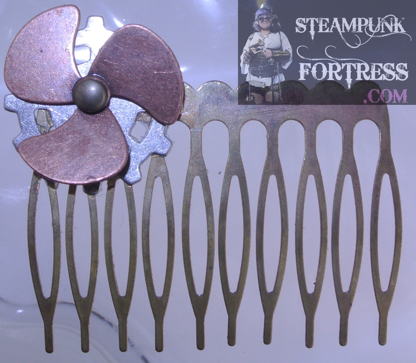 HAIR COMB BRASS PROPELLER KINETIC SPINNING SPINS COPPER GEAR SILVER SPOKE WATCH CLOCK STARR WILDE STEAMPUNK FORTRESS