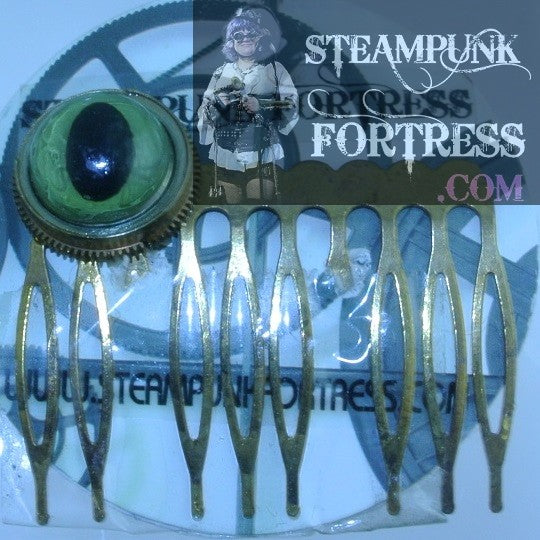 HAIR COMB GOLD EYE CATS GREEN CATS EYE IN BRASS WATCH CLOCK CASE HALLOWEEN STARR WILDE STEAMPUNK FORTRESS