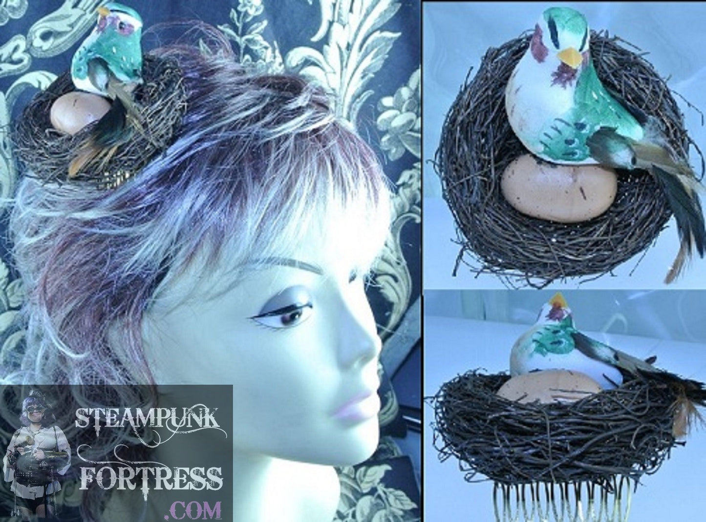 HAIR COMB GOLD BIRD AND NEST GREEN BROWN BIRD ON BROWN EGG IN NEST HALLOWEEN HOBBIT RADAGAST COSTUME STARR WILDE STEAMPUNK FORTRESS