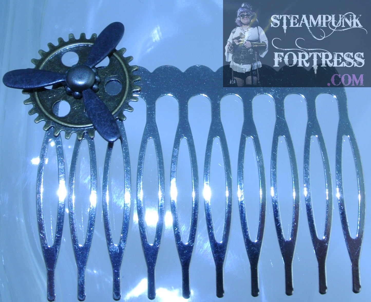 HAIR COMB SILVER KINETIC SPINNING SPINS PROPELLER BLACK 3 ARM BRASS GEAR WATCH CLOCK STARR WILDE STEAMPUNK FORTRESS