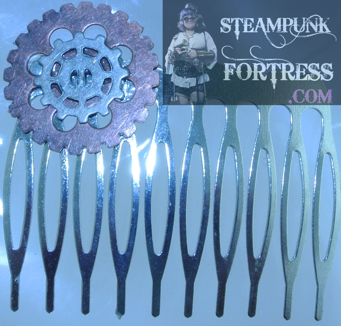 HAIR COMB SILVER GEARS STACKED COPPER ROUND GEAR SILVER SMALL SPOKE GEAR WATCH CLOCK STARR WILDE STEAMPUNK FORTRESS