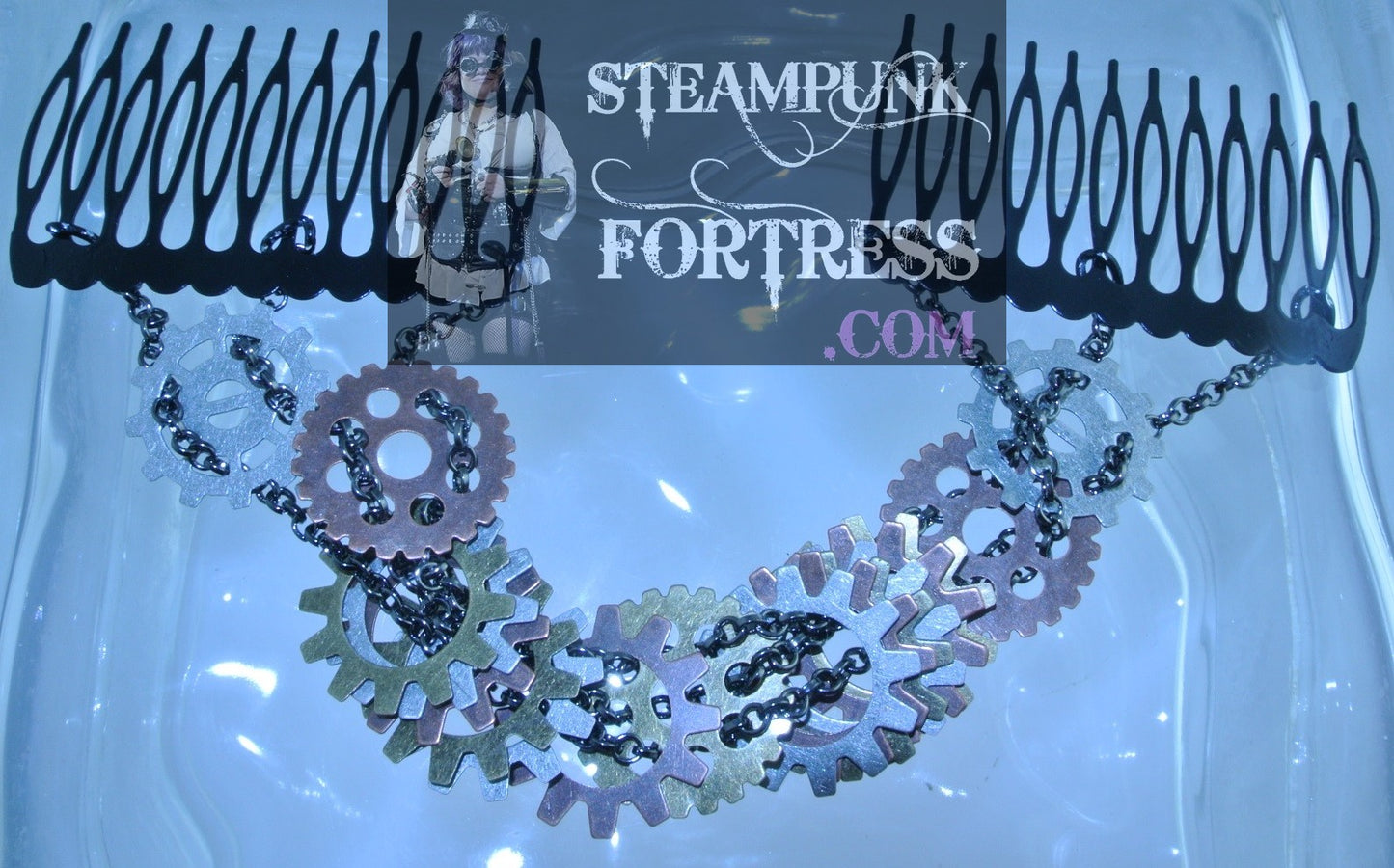 HAIR TIARA BLACK 3 CHAINS SLIDING GEARS COMBS TIARA STARR WILDE STEAMPUNK FORTRESS CLOCK WATCH