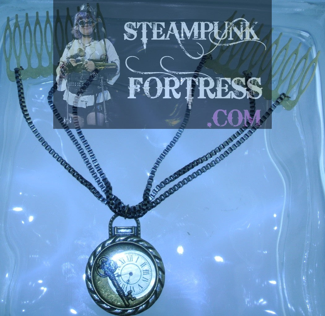 HAIR TIARA BRASS 3 CHAINS BOX FOCAL CLOCK FACE KEY HAIR COMBS STARR WILDE STEAMPUNK FORTRESS