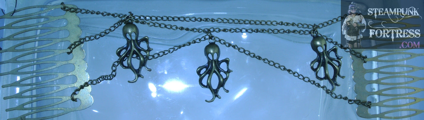 HAIR TIARA BRASS 3 CHAINS OCTOPUS SKINNY 3 HAIR COMBS STARR WILDE STEAMPUNK FORTRESS UNDER THE SEA COSPLAY COSTUME