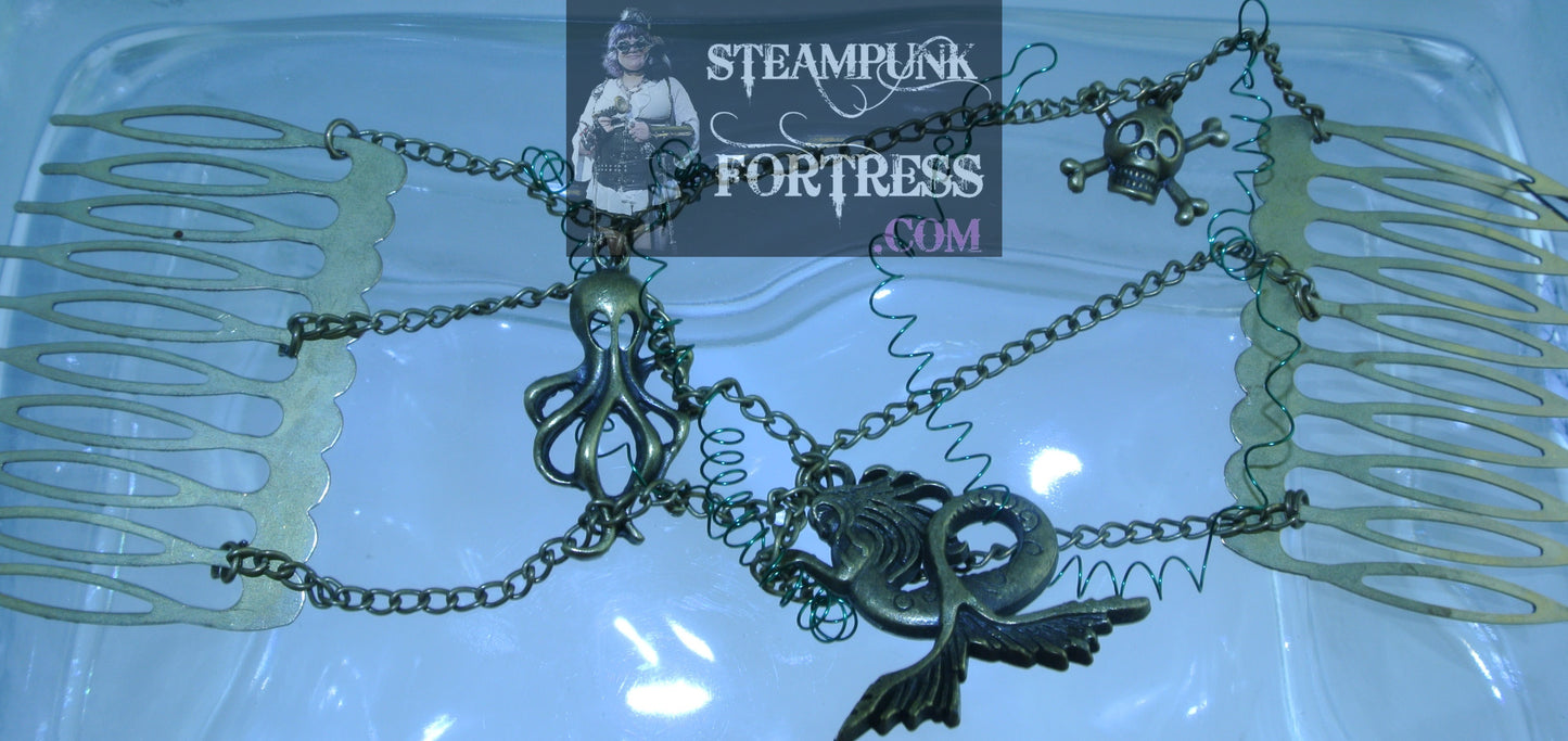 HAIR TIARA BRASS 3 CHAINS MERMAID OCTOPUS SKULL TANGLED SEAWEED HAIR COMBS ARIEL UNDER THE SEA COSTUME COSPLAY STARR WILDE STEAMPUNK FORTRESS
