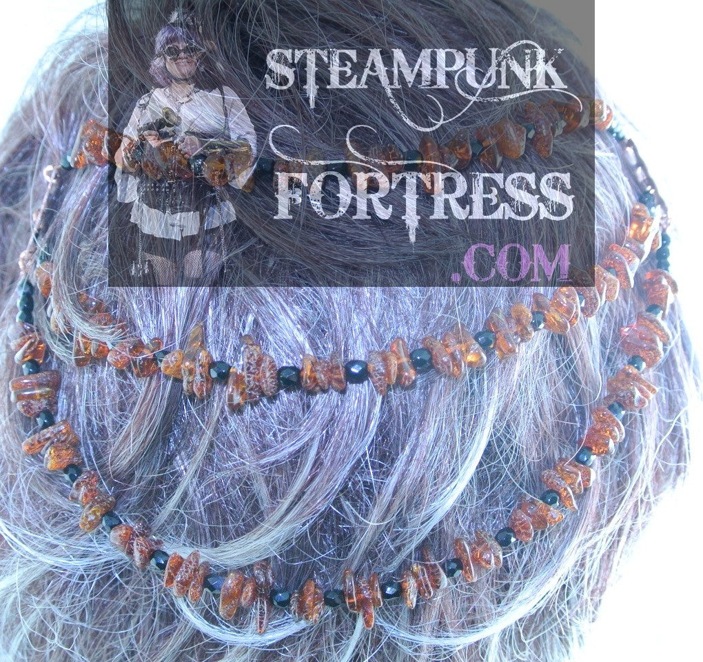 HAIR TIARA COPPER BRIGHT 3 STRANDS AMBER GEMSTONES BLACK FACETED CRYSTALS HAIR COMBS WEDDING VICTORIAN EDWARDIAN STARR WILDE STEAMPUNK FORTRESS