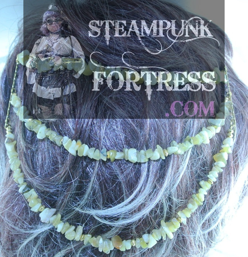 HAIR TIARA GOLD 3 STRANDS BOTSWANA AGATE GEMSTONES GOLD RIBBED BEADS HAIR COMBS STARR WILDE STEAMPUNK FORTRESS WEDDING BRIDAL