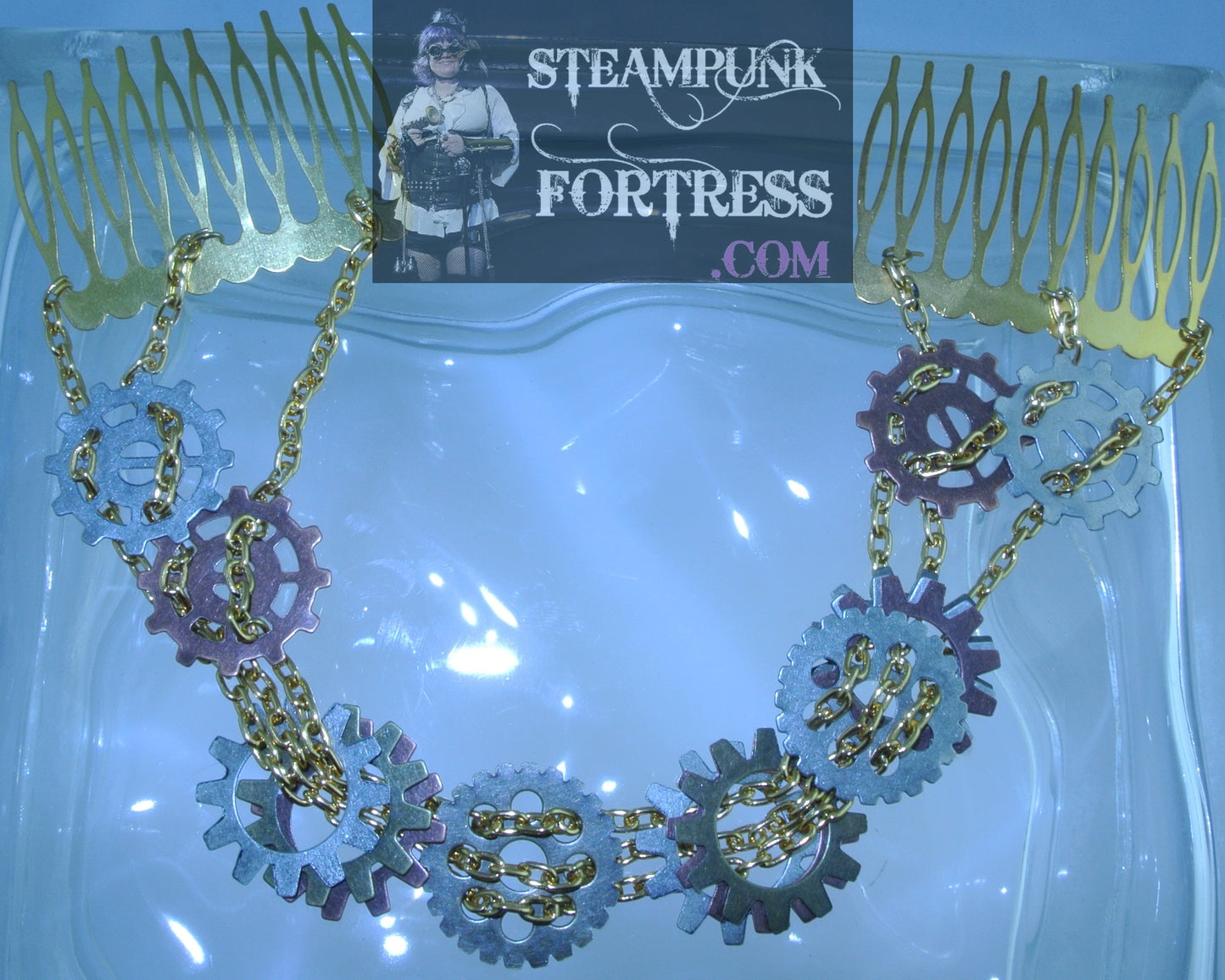 HAIR TIARA BRASS 3 CHAINS SLIDING GEARS WATCH CLOCK COMBS SLIDERS SLIDES STARR WILDE STEAMPUNK FORTRESS