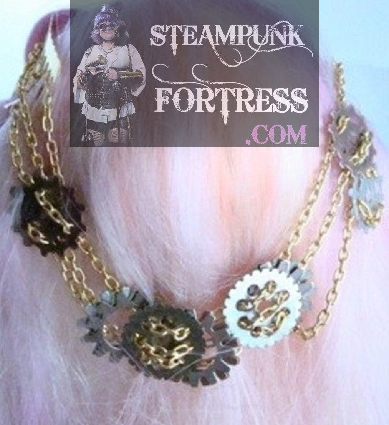 HAIR TIARA GOLD 3 CHAINS SLIDING SLIDERS SLIDES GEARS COMB STARR WILDE STEAMPUNK FORTRESS CLOCK WATCH