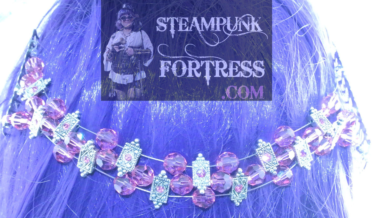 HAIR TIARA SILVER PINK ROSE SWAROVSKI CRYSTALS DOUBLE SLIDES SLIDERS SLIDING LINKS HAIR COMBS STARR WILDE STEAMPUNK FORTRESS WEDDING VICTORIAN EDWARDIAN