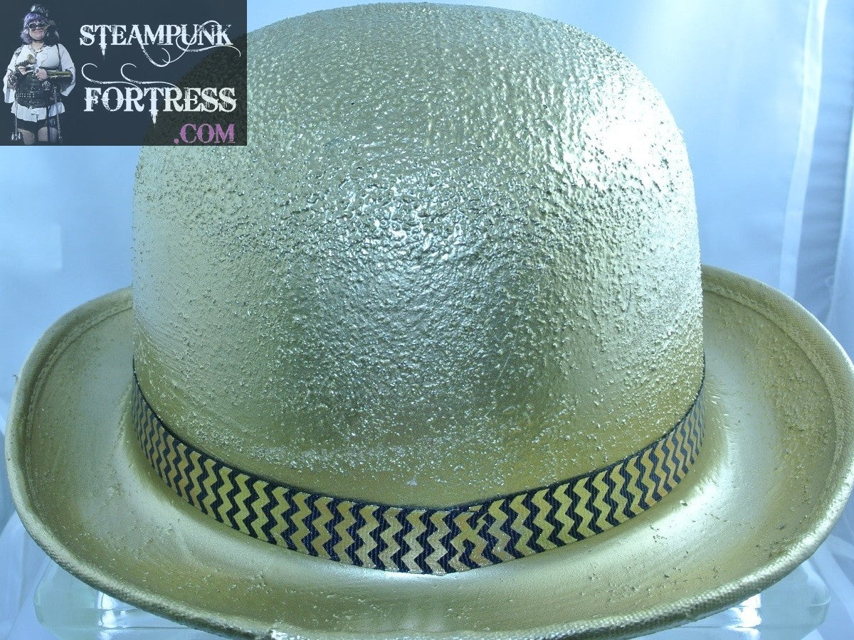 BOWLER BRASS PORCELAIN WATCH CLOCK DIAL FACE BRASS KINETIC SPINS SPINNING PROPELLER GOLD PEARL STUD GOLD BLACK ZIG ZAG RIBBON BAND FULL SIZE HAT STARR WILDE STEAMPUNK FORTRESS