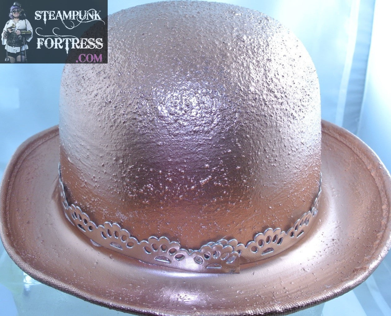 BOWLER COPPER ROCKET FRONT FAUX LEATHER CUTOUT COPPER BAND FULL SIZE HAT STARR WILDE STEAMPUNK FORTRESS