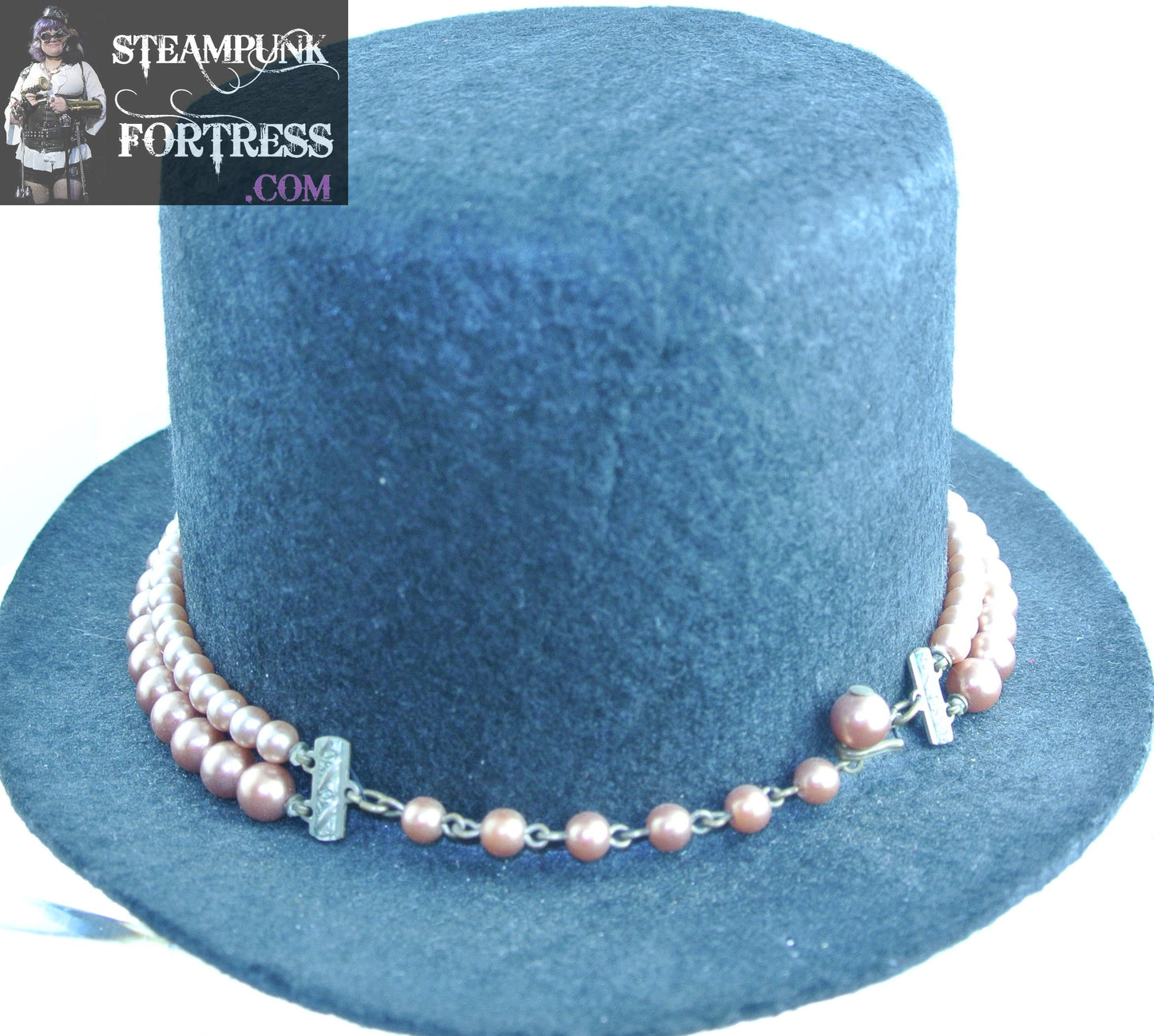 BLACK HAT 2 STRAND VINTAGE PEACH PEARL NECKLACE REMOVABLE BAND DUAL USE BLACK LARGE TOP HAT STARR WILDE STEAMPUNK FORTRESS