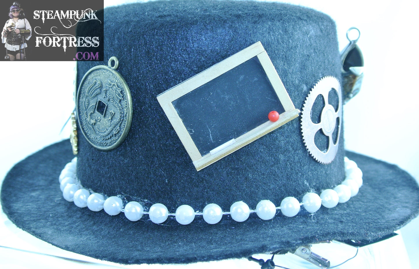 BLACK ABALONE FISH BRASS COPPER XL CLOCK WATCH GEARS IVORY BONE DRAGON PLATE MAGNIFIER 2 CLOCK FACES DIALS COIN MOUSE CHALKBOARD REMOVABLE GOLD SUN PINK BROOCH CHINESE DRAGON COIN PEARL BAND LARGE TOP HAT STARR WILDE STEAMPUNK FORTRESS