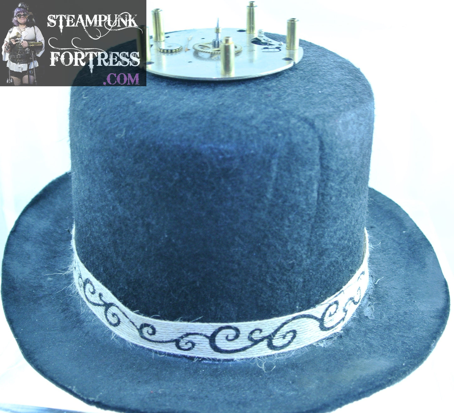 BLACK BRASS AUTHENTIC WATCH CLOCK LARGE GEAR FRONT GOLD PEARL STUD BRASS TABLE 5 PEG GEAR TOP JUTE SWIRL RIBBON BAND BLACK LARGE TOP HAT STARR WILDE STEAMPUNK FORTRESS