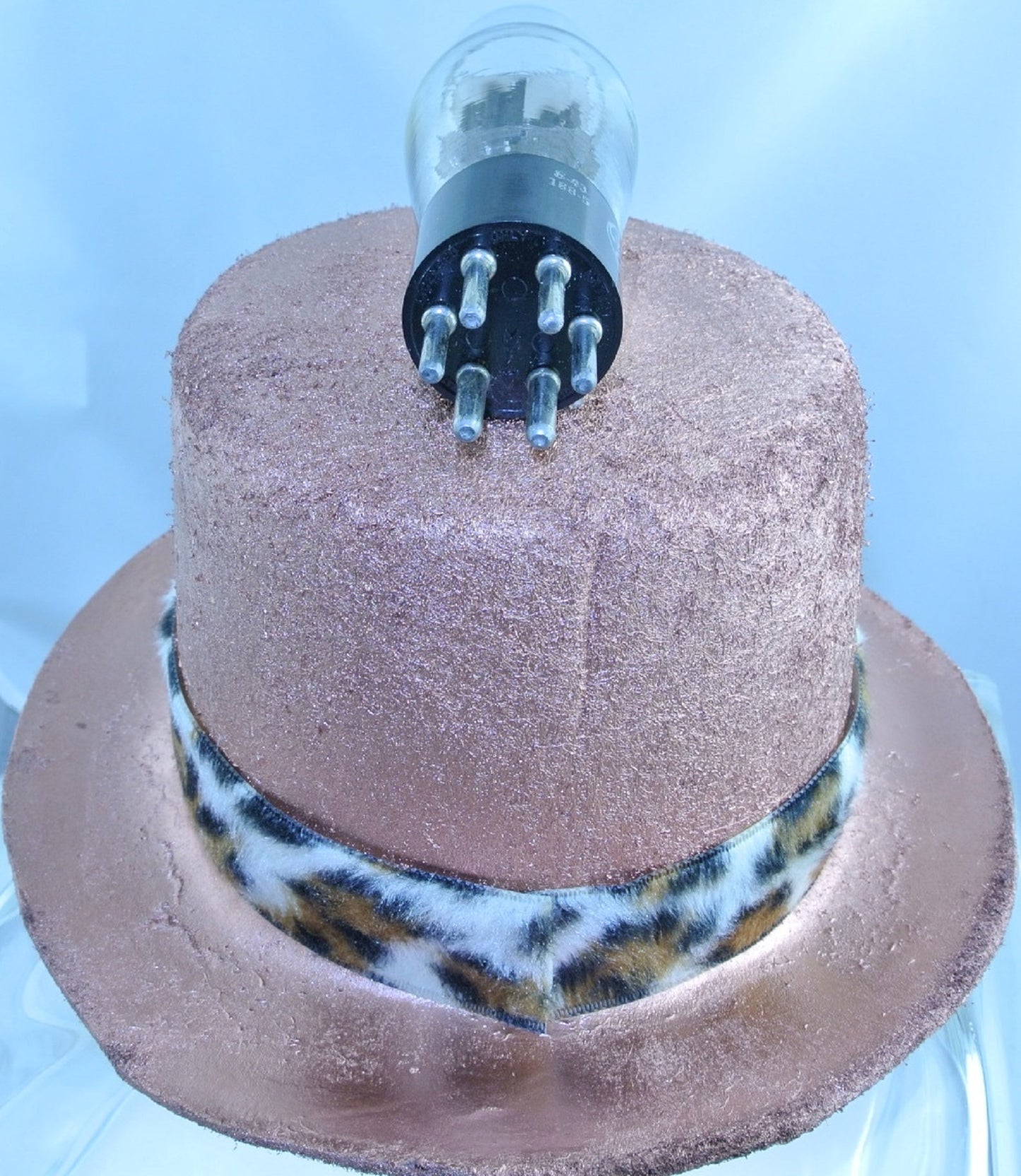COPPER ROCKET TOP LEOPARD FAUX FUR RIBBON BAND LARGE TOP HAT STARR WILDE STEAMPUNK FORTRESS