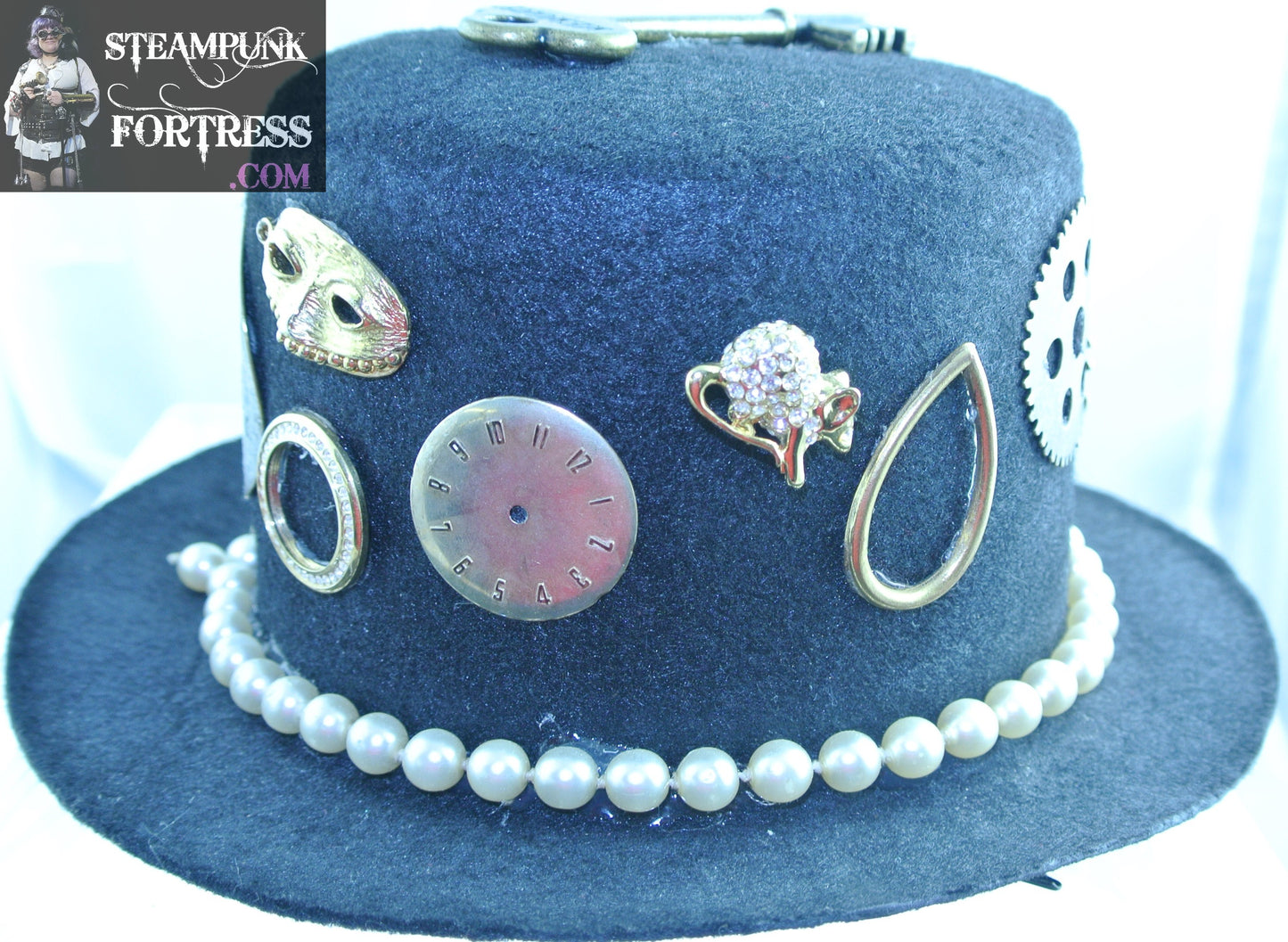 BLACK GOLD MIRROR 3 GOLD WATCH CLOCK DIALS FACES BRASS GEAR GOLD MASK REMOVABLE GOLD RHINESTONE MOUSE PIN BROOCH MEMORY KEY PEARL LARGE TOP HAT STARR WILDE STEAMPUNK FORTRESS