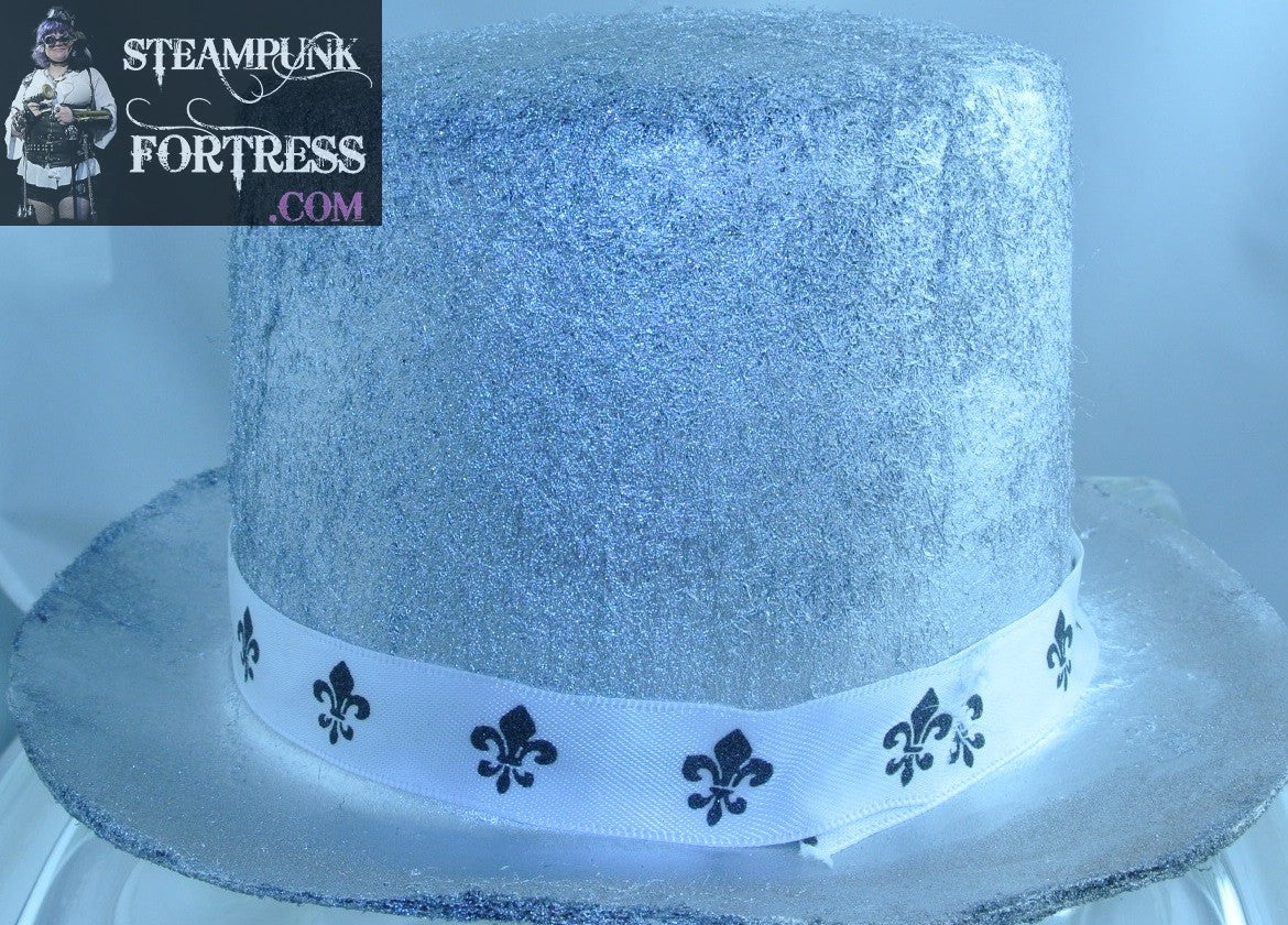 SILVER RCA ROCKET FRONT WHITE BLACK FLEUR DE LIS RIBBON BAND LARGE TOP HAT STARR WILDE STEAMPUNK FORTRESS