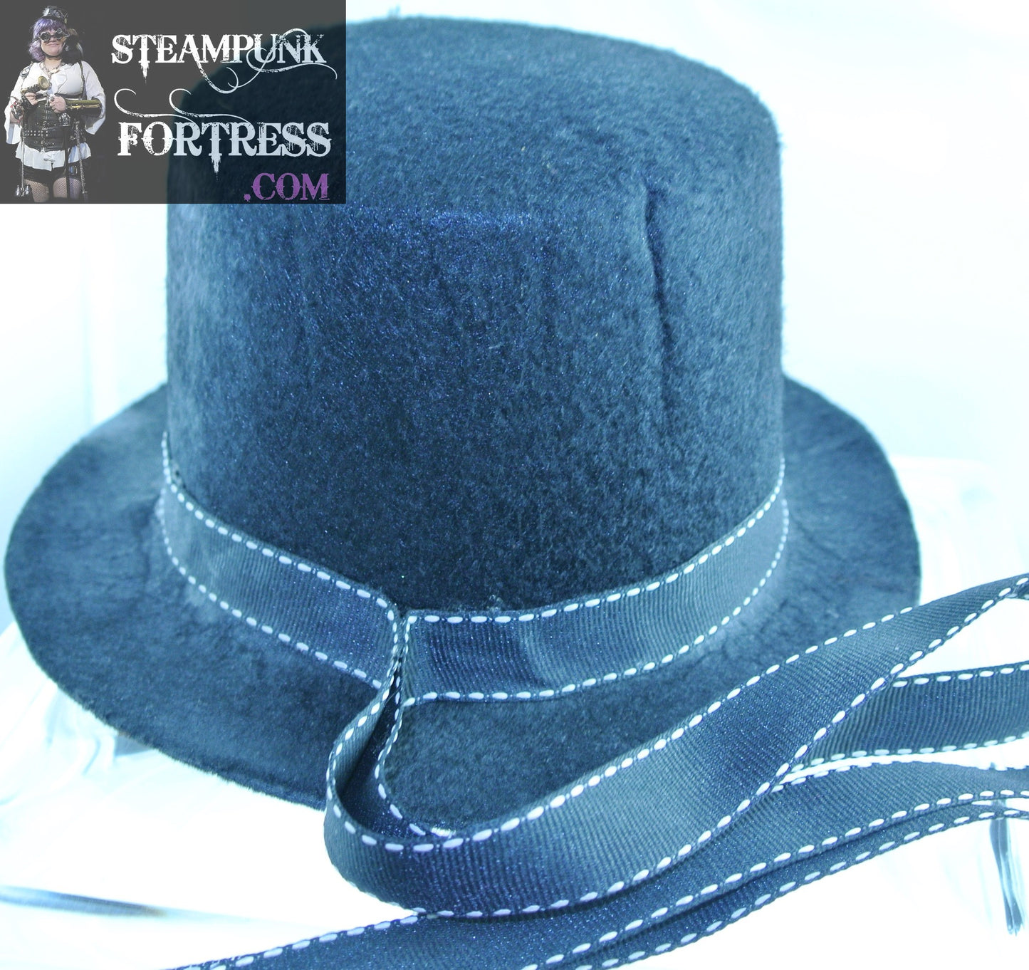 BLACK ROCKET FRONT BLACK RIBBON WHITE EDGES RIBBON BAND BLACK LARGE TOP HAT STARR WILDE STEAMPUNK FORTRESS