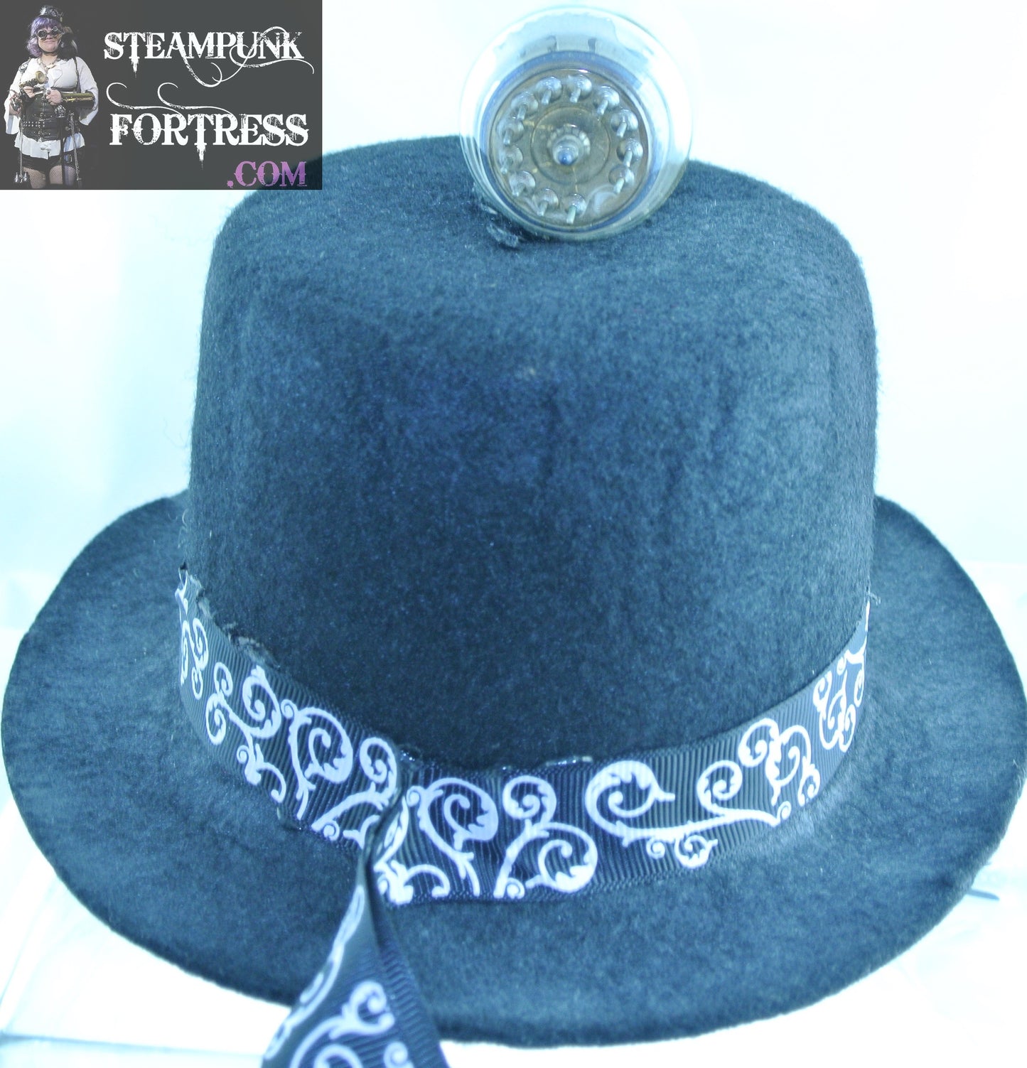 BLACK ROCKET TOP BLACK WHITE SCROLL RIBBON BAND BLACK LARGE TOP HAT STARR WILDE STEAMPUNK FORTRESS