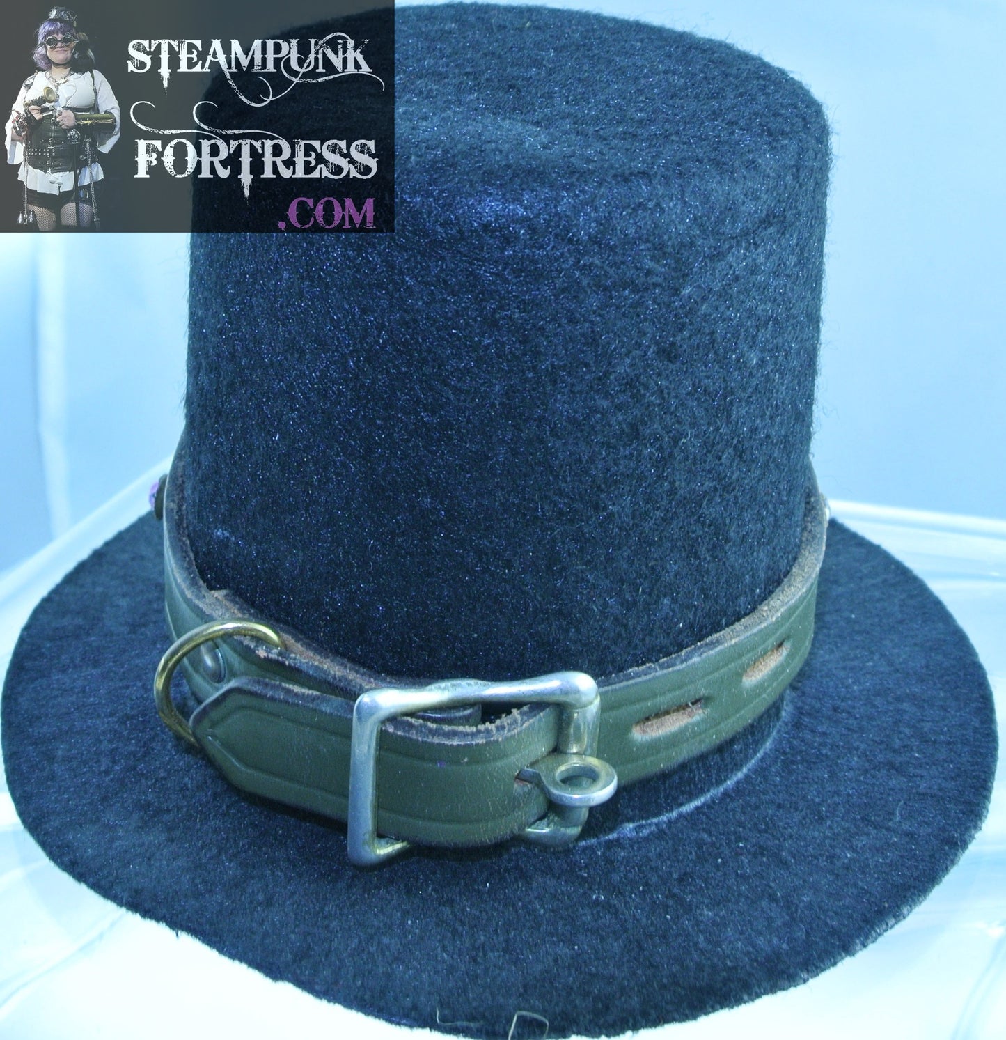 BLACK GREEN LEATHER REMOVABLE BRASS KNOCKER RHINESTONE STUDDED BRACELET BAND BLACK MEDIUM TALL MINI TOP HAT STARR WILDE STEAMPUNK FORTRESS