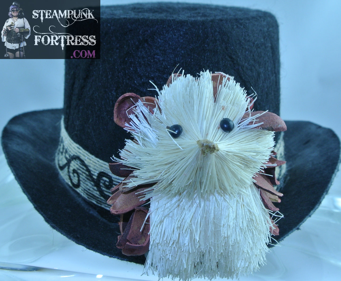 BLACK HEDGEHOG PINECONE FRONT BURLAP JUTE BLACK SWIRL RIBBON BAND BLACK MEDIUM MINI TOP HAT STARR WILDE STEAMPUNK FORTRESS