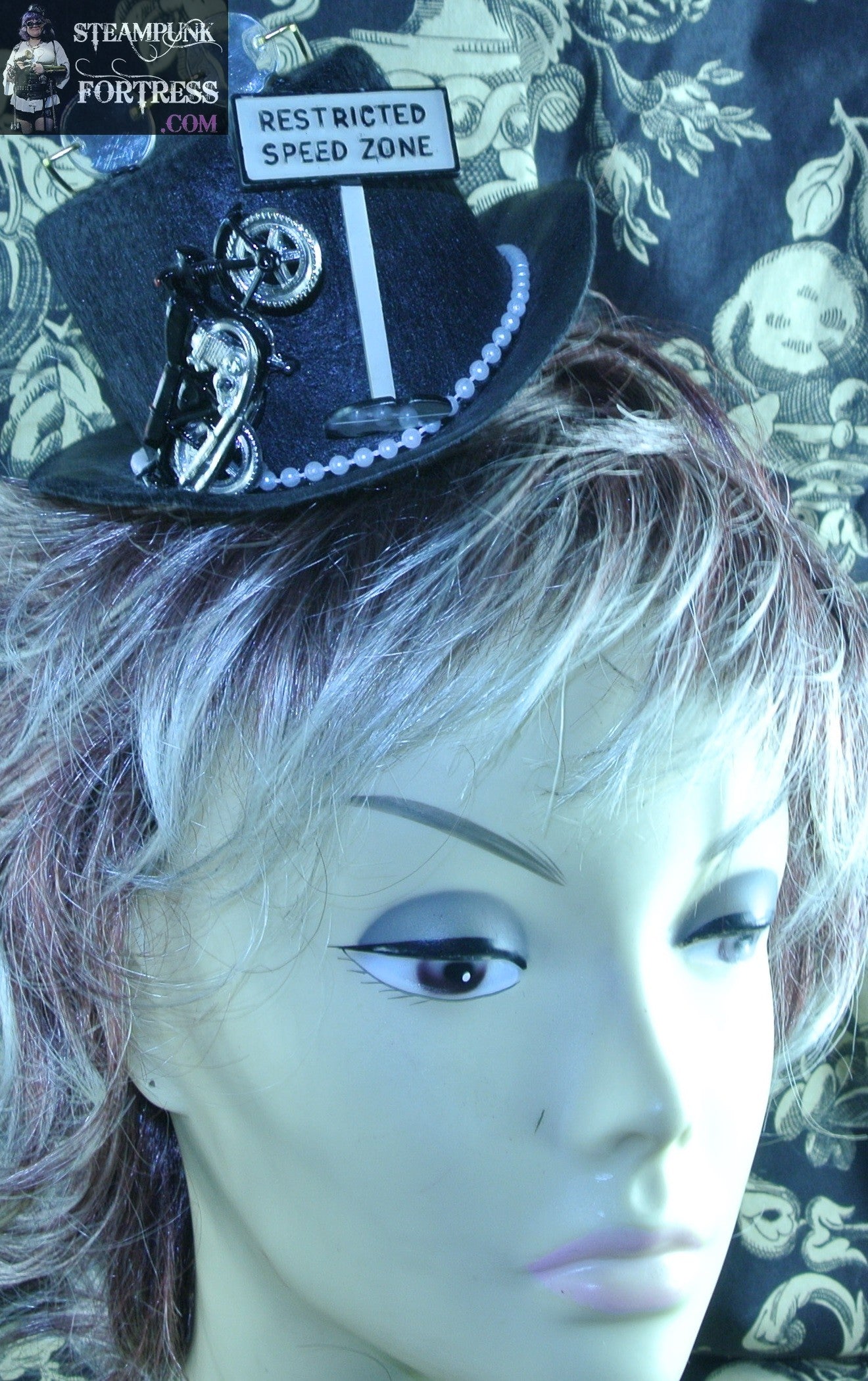BLACK MOTORCYCLE ACCIDENT RESTRICTED SPEED ZONE SIGN GLASSES ON TOP PEARL RIBBON BAND MEDIUM MINI TOP HAT STORY STARR WILDE STEAMPUNK FORTRESS