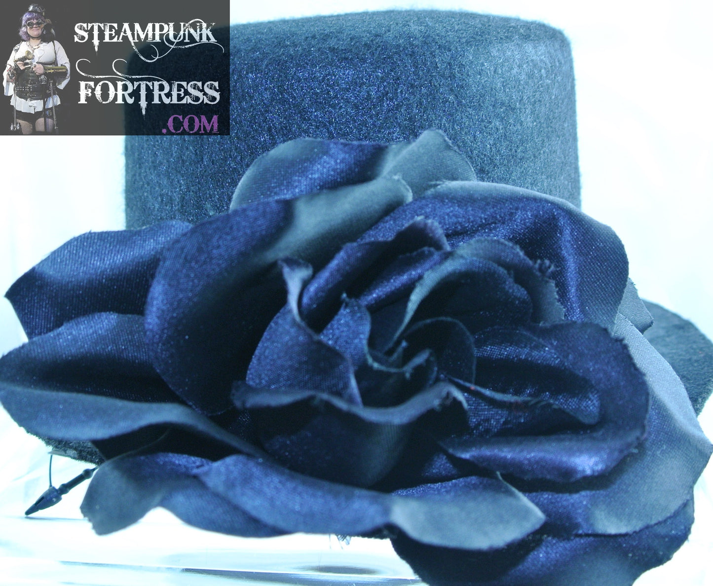 BLACK ROSE BLACK LEAVES BLACK GROSGRAIN RIBBON BAND SMALL MINI TOP HAT STARR WILDE STEAMPUNK FORTRESS