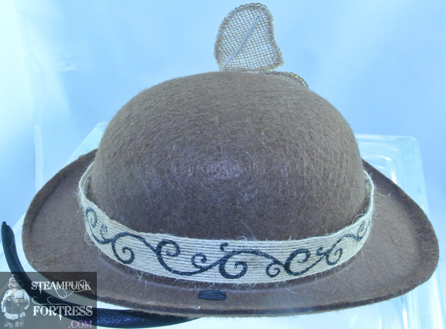 BROWN HEADBAND BUTTERFLY BURLAP ORANGE JUTE SWIRL RIBBON BAND BOWLER HEADBAND SMALL HAT STARR WILDE STEAMPUNK FORTRESS