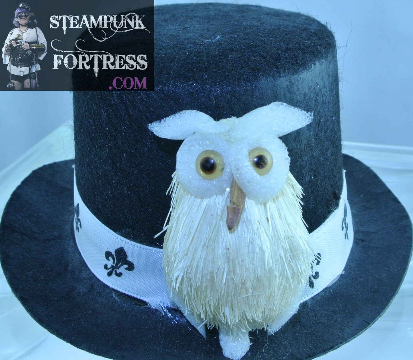 BLACK OWL CREAM WHITE FRONT WHITE BLACK FLEUR DE LIS RIBBON BAND BLACK SMALL MINI TOP HAT STARR WILDE STEAMPUNK FORTRESS