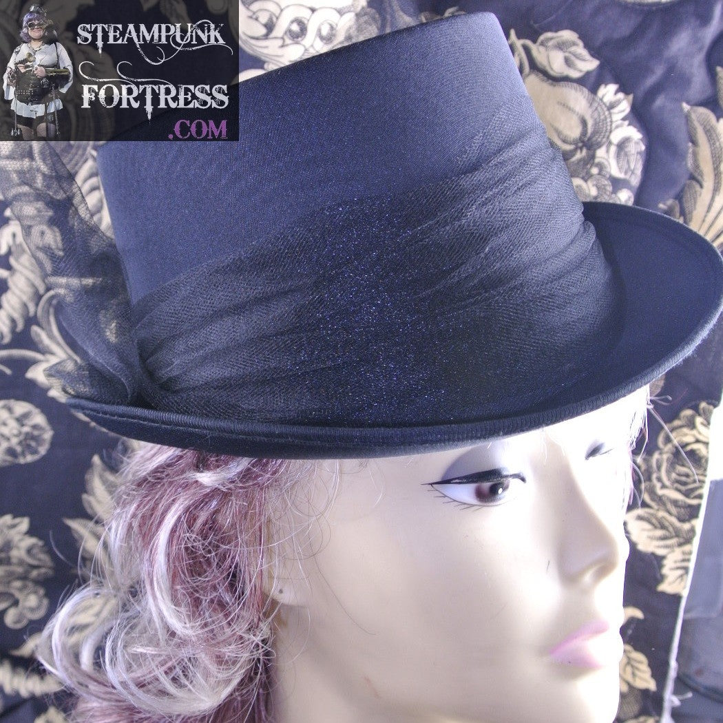 BLACK BROWN FEATHERS BRASS WATCH CLOCK BASE ORANGE BUTTERFLY BLACK TULLE BOW BLACK XL EXTRA LARGE SATIN FULL SIZE TOP HAT STARR WILDE STEAMPUNK FORTRESS