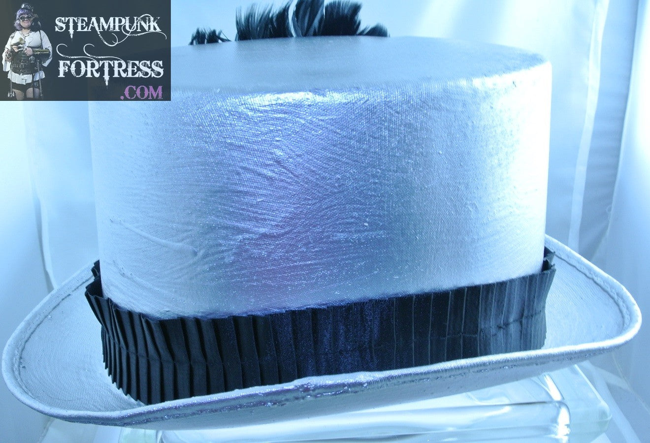 SILVER BLACK FEATHERS PORCELAIN AUTHENTIC GENUINE WATCH CLOCK FACE DIAL BLACK KINETIC SPINNING SPINS PROPELLER BLACK PLEATED RIBBON BAND XL EXTRA LARGE FULL SIZE TOP HAT STARR WILDE STEAMPUNK FORTRESS