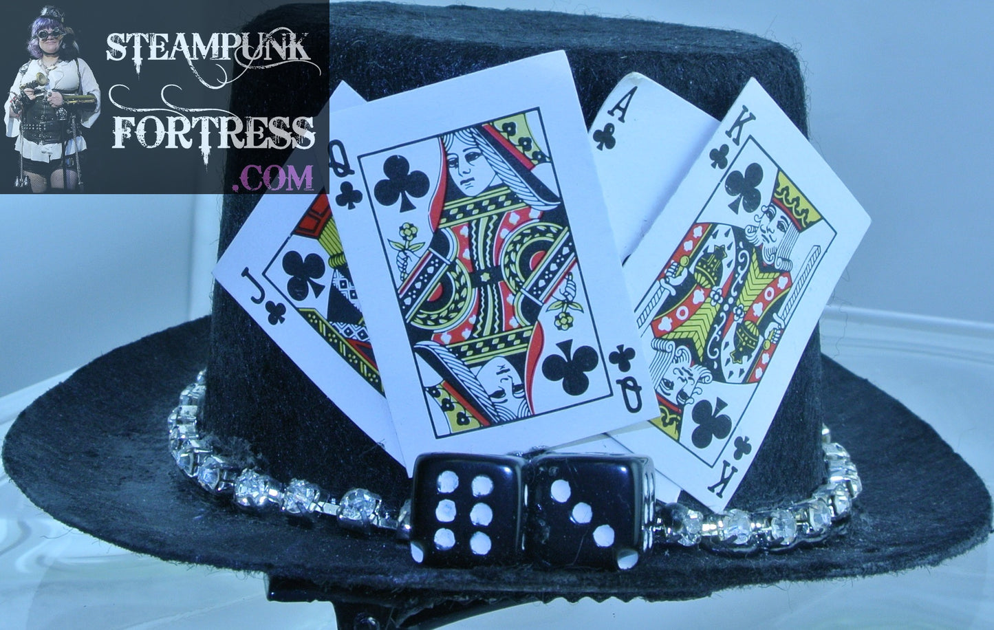 BLACK PLAYING CARDS 4 BLACK CLOVER CLUBS KING QUEEN JACK ACE 2 BLACK DICE RHINESTONES BAND XS EXTRA SMALL MINI TOP HAT ALICE IN WONDERLAND COSPLAY COSTUME HALLOWEEN POKER STARR WILDE STEAMPUNK FORTRESS