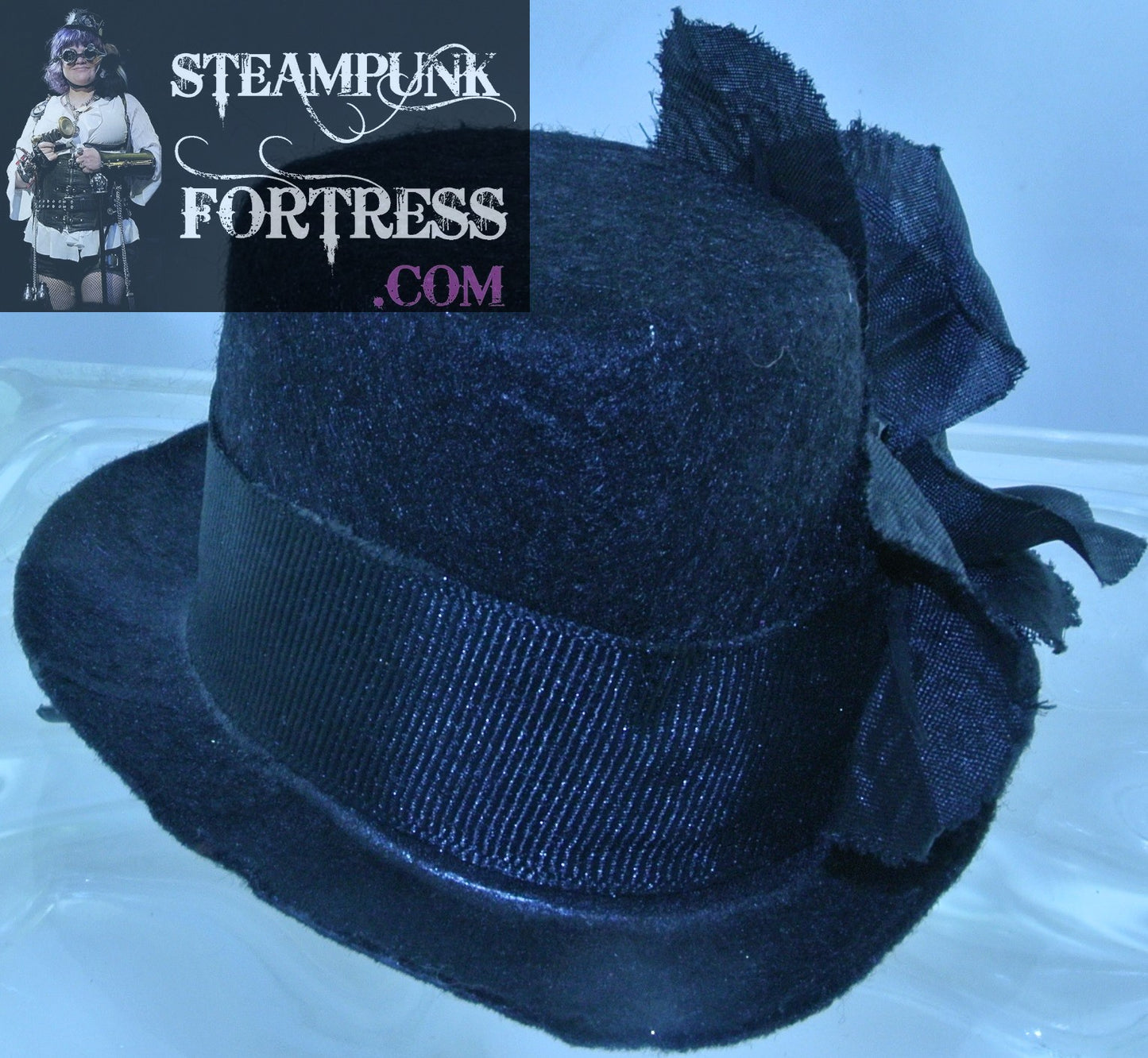 BLACK ROSE 2 LEAVES BLACK GROSGRAIN RIBBON XS EXTRA SMALL MINI TOP HAT STARR WILDE STEAMPUNK FORTRESS