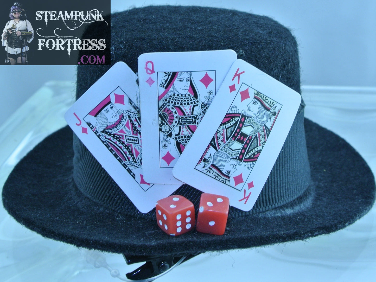 BLACK PLAYING CARDS 3 JACK QUEEN KING RED DIAMONDS 2 RED DICE BLACK GROSGRAIN RIBBON BAND XS EXTRA SMALL MINI TOP HAT ALICE IN WONDERLAND COSPLAY COSTUME HALLOWEEN POKER STARR WILDE STEAMPUNK FORTRESS