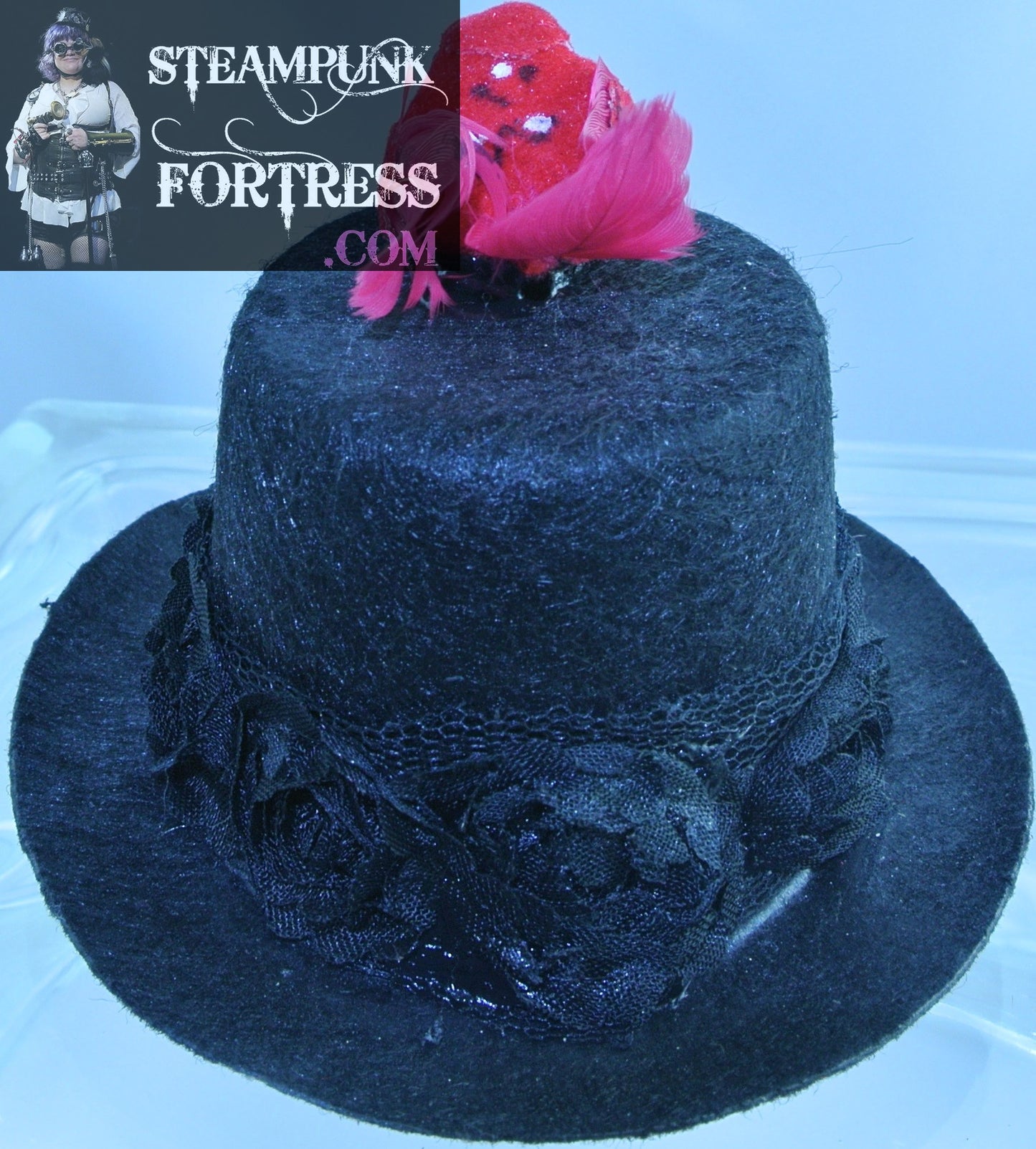 BLACK RED CARDINAL BIRD TOP BLACK ROSE TULLE RIBBON BAND XS EXTRA SMALL BLACK MINI TOP HAT CHRISTMAS STARR WILDE STEAMPUNK FORTRESS
