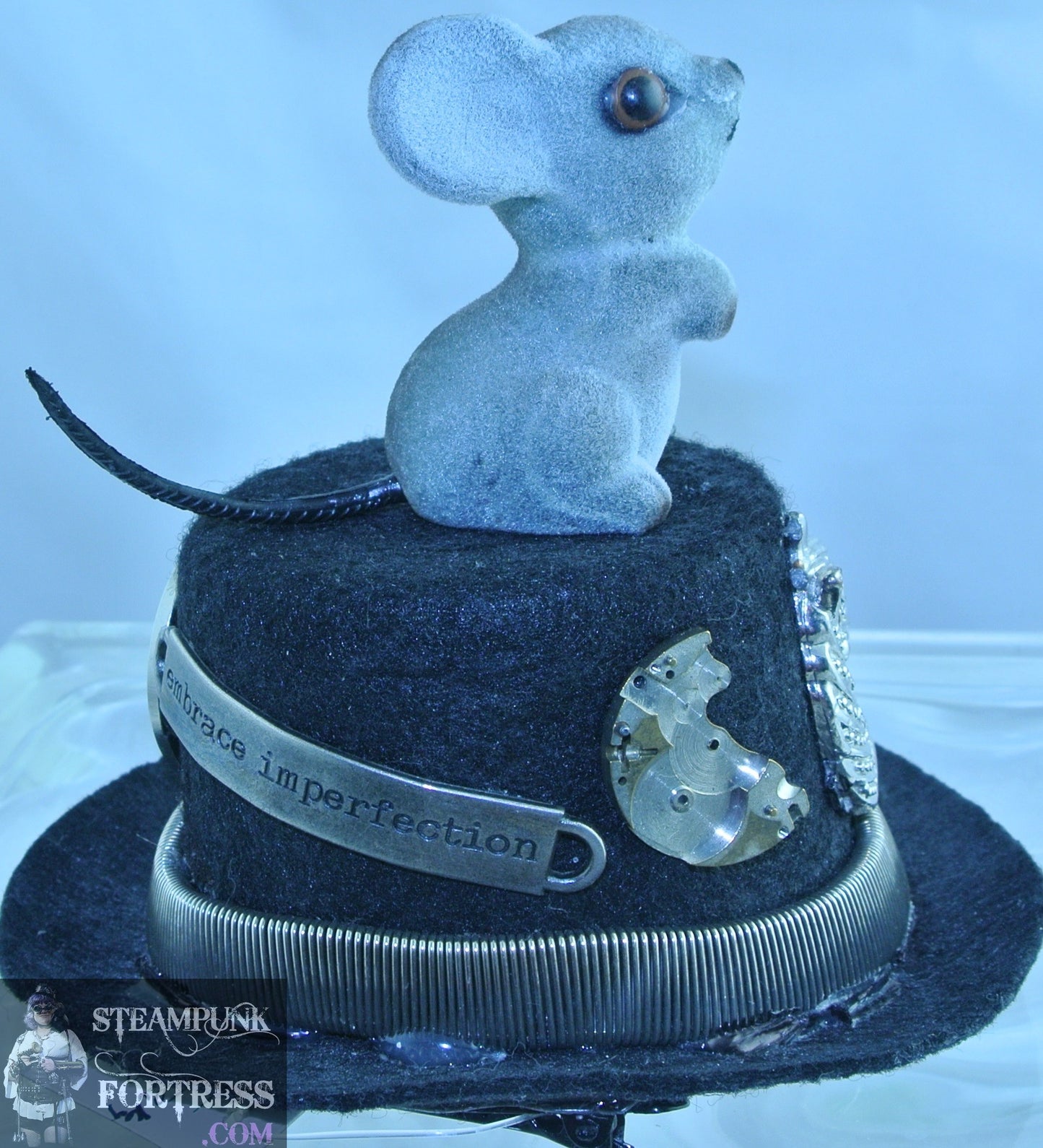 BLACK SILVER XS HAT HORSE HEAD MOUSE TOP EMBRACE IMPERFECTION WORD STICK 3 AUTHENTIC GENUINE CLOCK WATCH MOVEMENTS SILVER STRETCH BAND EXTRA SMALL MINI TOP HAT STARR WILDE STEAMPUNK FORTRESS
