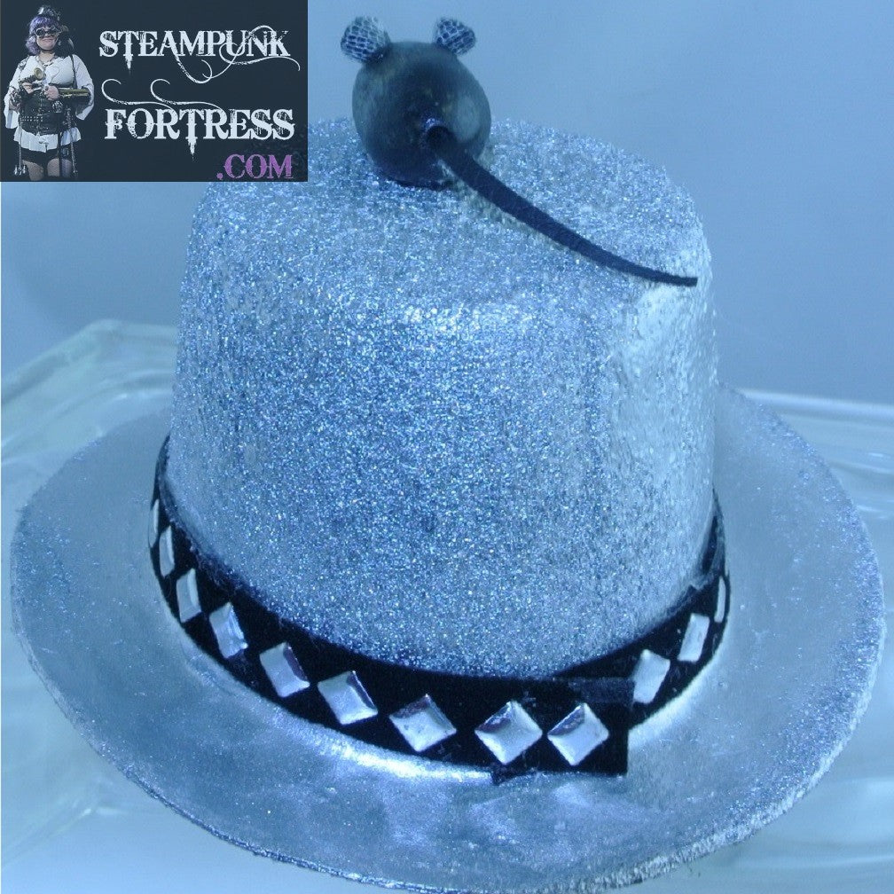SILVER WOOD MOUSE ON TOP BLACK SILVER DIAMOND STUDDED RIBBON BAND XS EXTRA SMALL MINI TOP HAT STARR WILDE STEAMPUNK FORTRESS