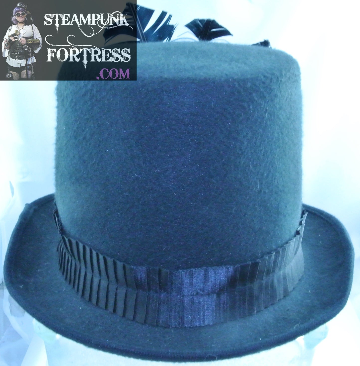 BLACK 3 BLACK OSTRICH FEATHERS BLACKBIRD BIRD VEIL BLACK PLEATED RIBBON BAND XXL 2XL BLACK FULL SIZE TOP HAT STARR WILDE STEAMPUNK FORTRESS