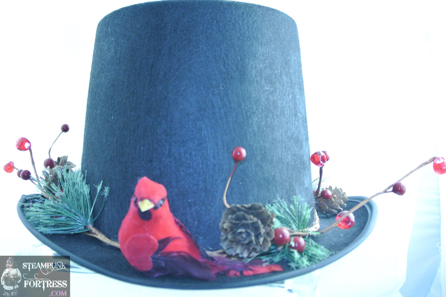 BLACK RED CARDINAL CHRISTMAS THEME WREATH PINE CONES RED CRYSTALS 2XL XXL FULL SIZE TOP HAT STARR WILDE STEAMPUNK FORTRESS