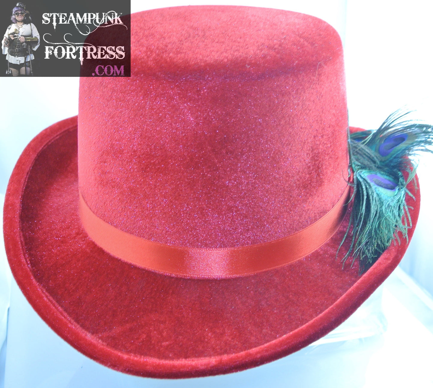 RED PEACOCK BLUE PEEKING AROUND BRIM RED VELVET 2XL XXL FULL SIZE VELVET TOP HAT STARR WILDE STEAMPUNK FORTRESS