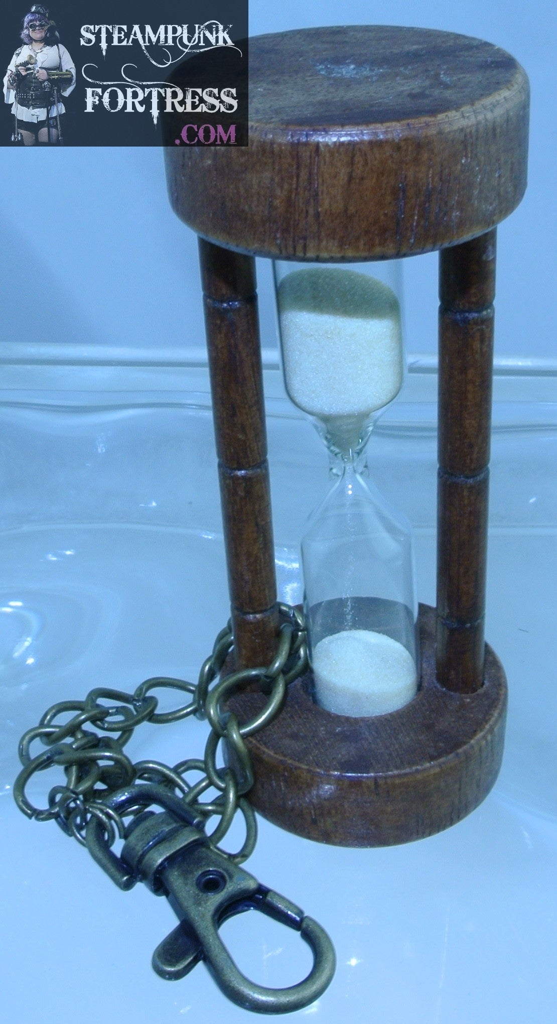 HOURGLASS BROWN WOOD WHITE SAND BRASS CHAIN CLASP STARR WILDE STEAMPUNK COSPLAY COSTUME